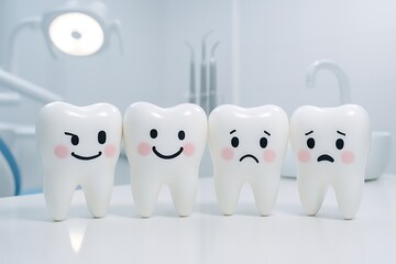 Obraz premium Whimsical 3D rendered tooth characters showing different emotions, including happy, sad, and mischievous expressions in a dental office setting Dental care background