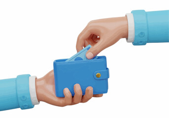 Person putting a blue bill into a blue wallet held by another person in blue sleeves and white cuffs