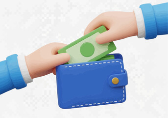Hands putting green money into a blue wallet with white stitching and a gold button closure design