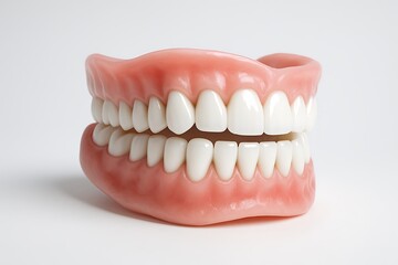 High quality 3D rendered denture set showing gleaming white teeth with realistic gum texture, highlighting dental prosthetics and oral care Dental care background
