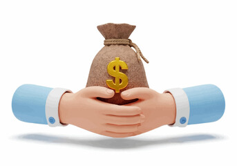 Cartoon hands holding a bag of money with a gold dollar sign on it over a white background scene