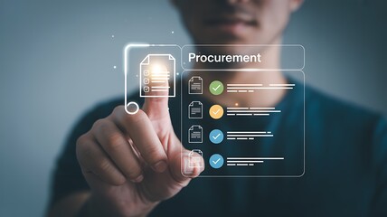 Man interacting with a futuristic digital interface displaying procurement process