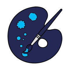 Illustration of a blue artist palette with paint splotches and a paintbrush laying across the palette top