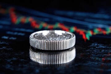 Close-up of a Silver Coin and Financial Chart