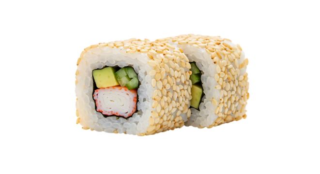 Two sesame seed-crusted sushi rolls filled with avocado, cucumber, and imitation crab meat, presented against a clean white background.