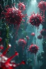 Abstract Red Virus Particles Dripping in a Dark Microscopic Biological Environment