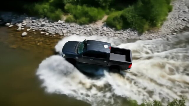 Aerial view of a dark gray pickup truck traversing a shallow river, creating splashes of water around its wheels with green vegetation lining riverbanks and rocky shores.