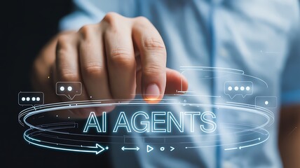 Person touching ai agents interface on futuristic digital screen