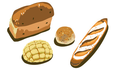 パン４種類、バケット、メロンパン、ブドウパン、ゴマぱん