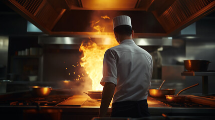 Rear view of a professional chef cooking with a large flame in a commercial kitchen. Perfect for menus, food blogs, or articles about culinary arts, fine dining, or the restaurant industry.