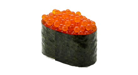 A single piece of gunkan maki sushi, topped with glistening orange salmon roe, wrapped in dark nori seaweed against a clean white background.