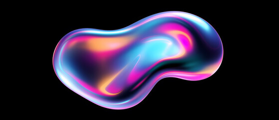 Abstract iridescent liquid blob on a black background. Perfect for use in modern art projects, futuristic website designs, or presentations on fluid dynamics and abstract concepts.