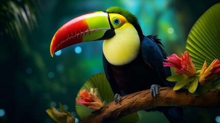 Fototapeta premium Query successfulVibrant close-up portrait of a keel-billed toucan perched on a branch in a lush, tropical jungle. Perfect for representing exotic wildlife, rainforest conservation