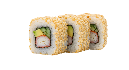 Three sushi rolls with sesame seeds, avocado, cucumber, and imitation crab, isolated on white.