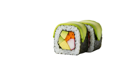 Two pieces of colorful sushi rolls, topped with avocado and various fillings, displayed against a white background.