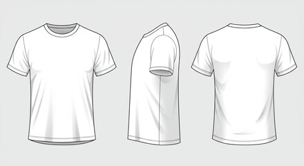 Blank white t-shirt vector template, front, side, and back view. Clean outline style for fashion design, apparel mockup, branding, merchandise layout, or clothing illustration.