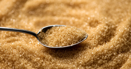 Brown Cane sugar in a spoon close up. Heathy eating, diet concept 