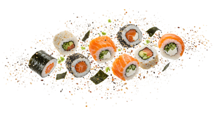A selection of colorful sushi rolls, artfully arranged, with scattered seasonings, isolated on white.