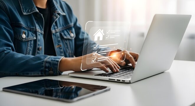 Real estate investor using checklist on laptop to manage property investment portfolio effectively online - Powered by Adobe