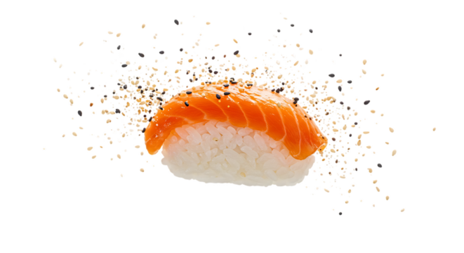 Salmon nigiri sushi piece, airborne, sprinkled with sesame seeds and pepper.
