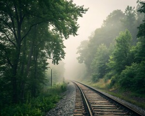 Fototapeta premium Railroad tracks disappearing into the fog in a dense forest