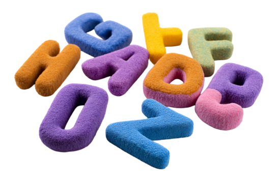 Plush colorful alphabet letters foam kids learning and education preschool abc blocks on transparent background