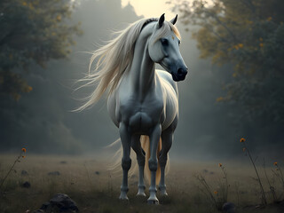 Obraz premium majestic white horse with long flowing mane in misty forest