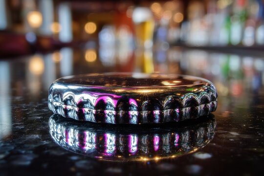 Reflective Metal Bottle Cap on Bar Counter