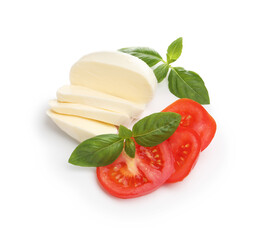 Tasty mozzarella cheese, tomato and basil isolated on white, above view