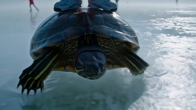 Children Ice Skating on a Turtle's Back on a Frozen Lake