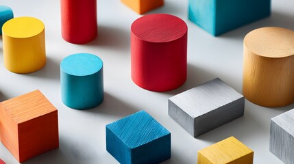 A Collection of Colorful Wooden Cubes and Cylinders Scattered on a Bright White Background, Representing Simplicity