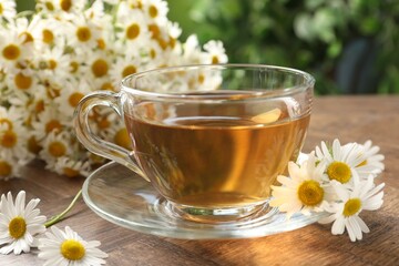 Aromatic tea in glass cup and chamomile flowers on wooden table, closeup