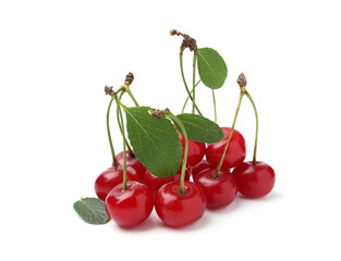 Fresh ripe cherries with green leaves isolated on white © New Africa