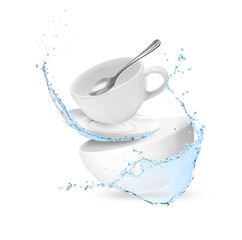 Clean dishes and water splash in air against white background