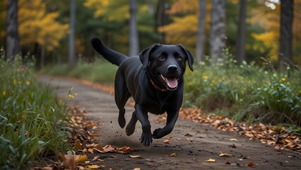 A happy black Labrador Retriever dog running towards the camera on a path covered with autumn leaves in a forest. Active lifestyle concept