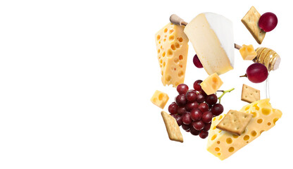 Cheese board products in air on white background. Different types of cheese, grapes, crackers and honey