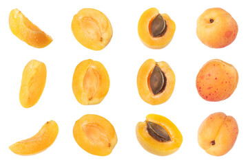 Fresh ripe apricot isolated on white, set. Whole and sliced