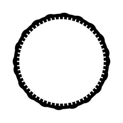 A simple black and white circular design with a textured, wavy edge.