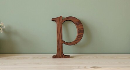 Lowercase Letter p with Soft Serif Tail in Dark Pine Wood – Rustic Alphabet Design Leaning on Matte Sage Green Wall for Organic Typography and Natural Decor Concepts