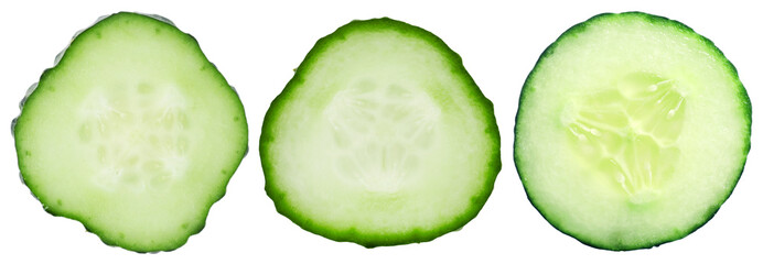 Fresh cucumber. Three slices isolated on white, set