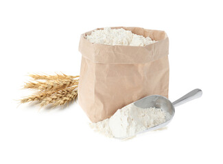 Wheat flour and spikelets on white background