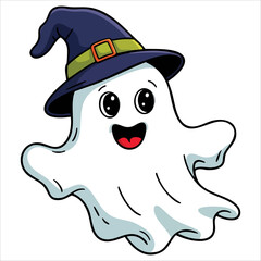 Cute Halloween ghost flying with a smiling face. Hand drawn illustration ideal for treats or tricks, festive decorations, and kid friendly spooky designs.