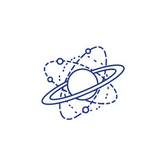 A minimalist blue line art icon of a ringed planet with atomic orbits, symbolizing science and astronomy.