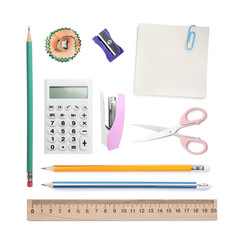 Pencils, shaving and other stationery isolated on white, set. Top view