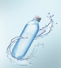 Soda water in bottle and splash against light blue background
