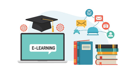 E-Learning Concept with Laptop, Books, Graduation Cap and Network Icons
