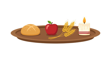 A religious offering tray featuring a round loaf of bread, a red apple, stalks of wheat, and a lit candle.