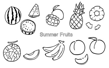 夏のフルーツの線画セット：塗り絵にも使えるシンプルなイラストレーション
