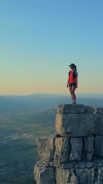 Determined female runner triumphantly stands atop a rugged cliff at sunrise, overlooking a vast valley. Clad in athletic gear, she embodies endurance and achievement.