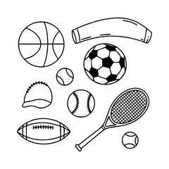 An arrangement of various sports equipment items including balls a racket and a headband